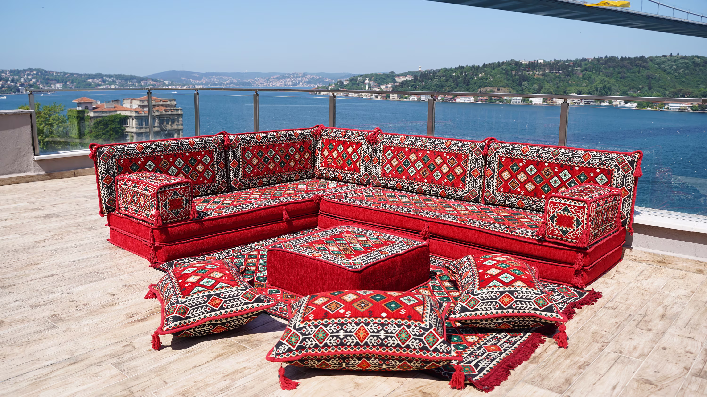 8" Thick Red L Shaped Floor Seating, Meditation Yoga Sofas, Arabic Sofa Corner Couch, Sectional Set, Majlis