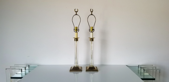 Paul Hanson Brass & Glass Column Table Lamps - A Pair