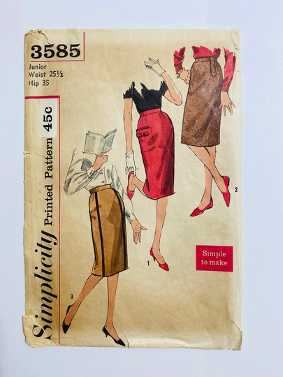 Simplicity 3585 Waist 25.5" Vintage 1950S Sewing Pattern 1951 50S Pocket Stripes Hip Detail Pencil Skirt
