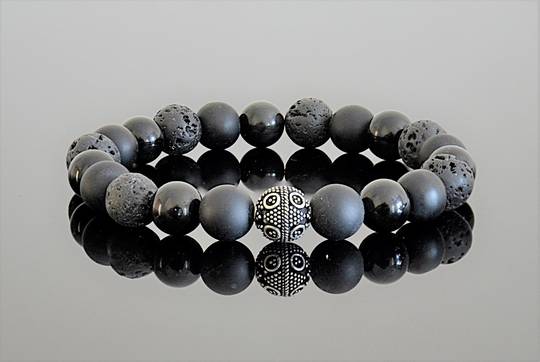 Lava Rock & Onyx Black Beaded Sterling Silver Genuine Confidence Bracelet
