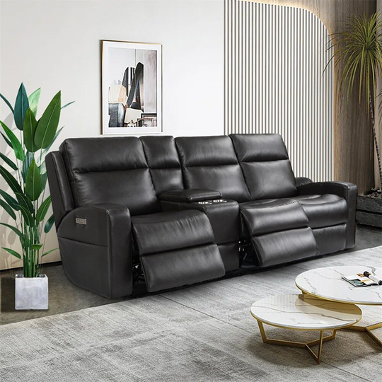 103" Wide Genuine Leather Power Reclining Sofa Home Theater Power Recliner Sofa with Console, Cup Holders, Adjustable Headrest