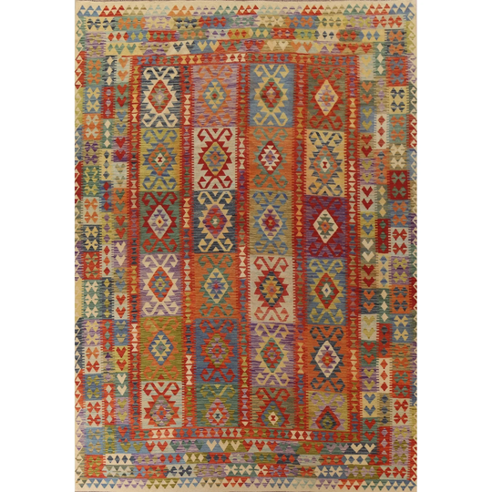 Multi-Color Reversible Kilim Area Rug Flat-Weave Wool Carpet - 10'1"x 12'8"