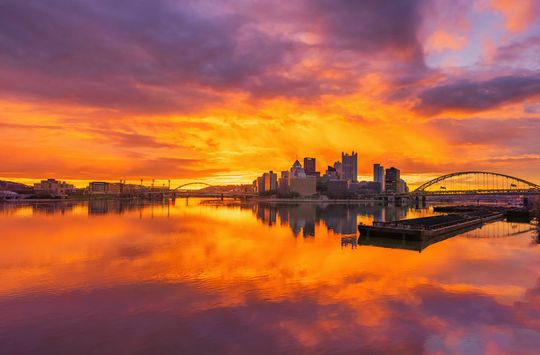 An Explosion Of Color At Dawn - Pittsburgh Skyline Various Prints
