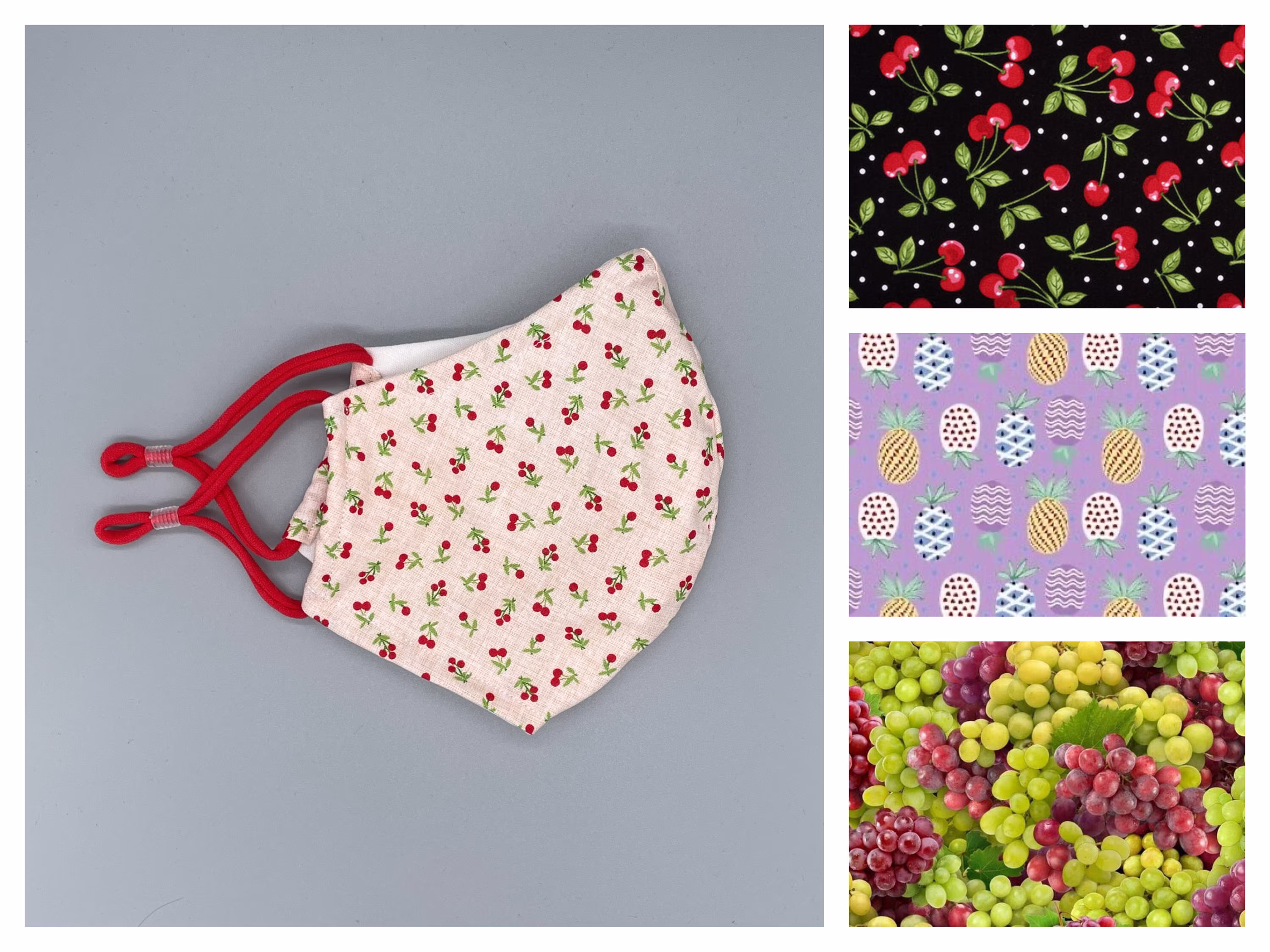 Cherries, Pineapple, Grapes, Fruit, Food Face Mask - Adult, Child, Kid, School, Adjustable, Nose Wire, Cotton, Washable, Handmade, Reusable