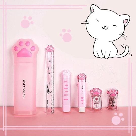 6 Pcs Adorable Cat Paw Stationery Set || Kawaii Claw Pen Box, Pencil Sharpener, Correction Tape, Glue, Eraser & Ruler
