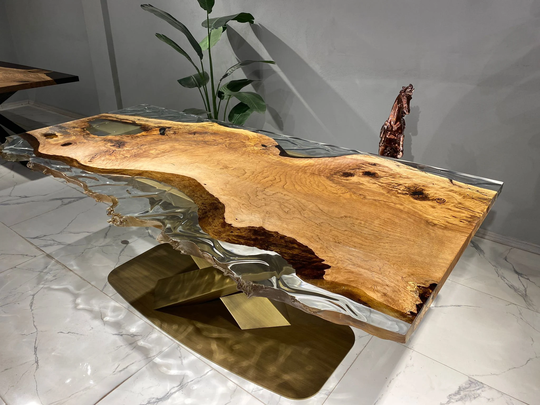 Epoxy Table - Handmade Natural Dining Resin Table, Olive Live Edge Clear Luxury Unique Furniture Art