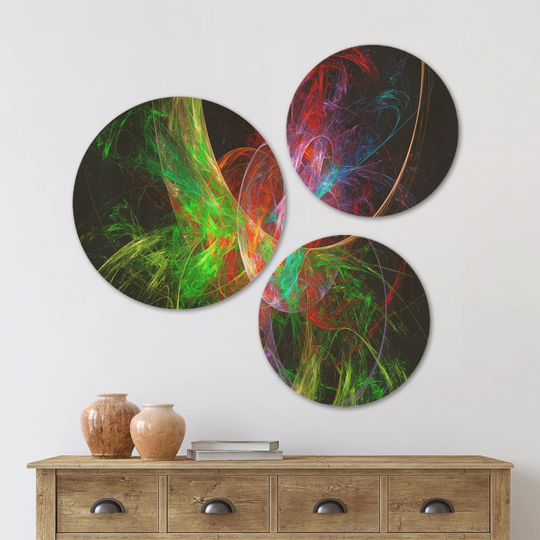 Designart 'Multi Color Fractal Abstract Design' Abstract Wood Wall Art Set of 3 Circles - Multi-Color