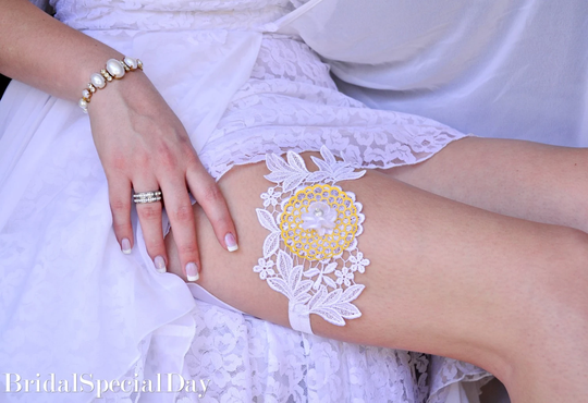 White Bridal Garter, Lace Wedding Garter Set, Handmade Yellow Alternative