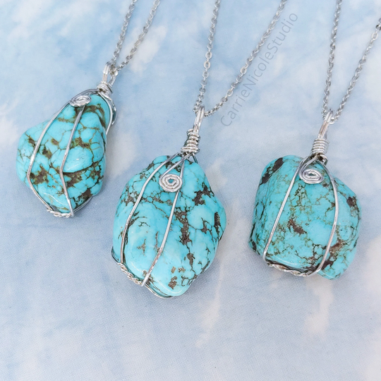 Tumbled Turquoise Crystal Wire Wrapped Necklace - Stainless Steel Chain December Birthstone Aqua Gemstone Pendant Yoga Stone Jewelry