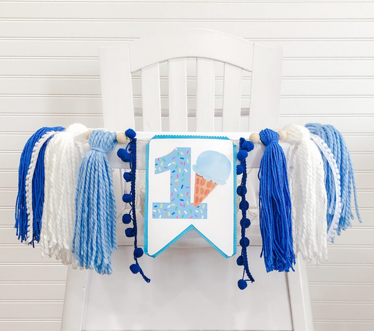 Boy Ice Cream Birthday High Chair Yarn Tassel Banner, Cake Smash Backdrop First Birthday, Topper