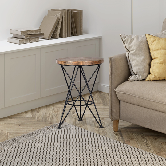 Round Side Table| Black Powder Coated| Natural Wood| Scratch & Chip Resistant Finish| Iron Mango Wood| 14x14x20