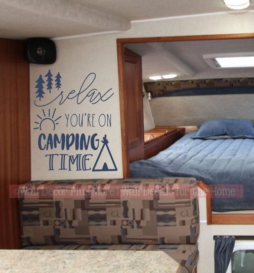 Camper Decals Relax You're On Camping Time Wall Art Decor Sticker Letters Tent & Tree Vinyl Quote Inspiring Rv Accessories
