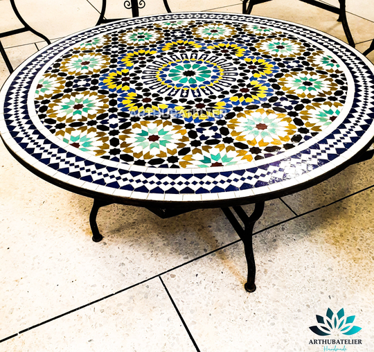 Mosaic Table Flower Shaped 100% Handcrafted For Outdoor & Indoor Round Multiple Colors Made From Moroccan Zelige Tiles