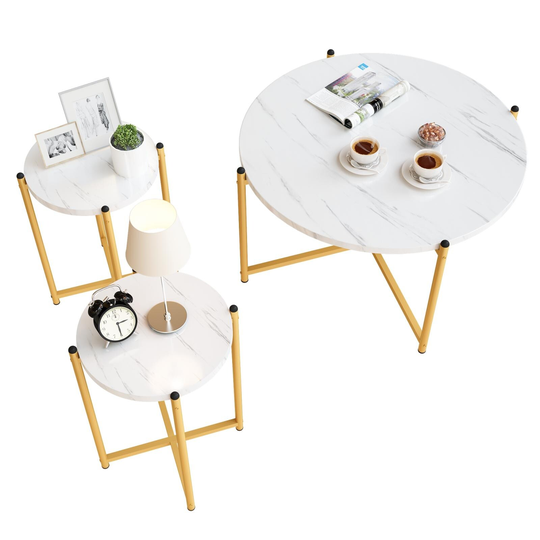 Round Coffee Table & 2pcs Side Table, Living Room Table Sets with Faux Marble Tabletop - 15.5" X 23.6"