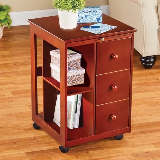 Rich Cherry Finish Rolling Storage Table with Pull Out Table - 16 x 24 x 16