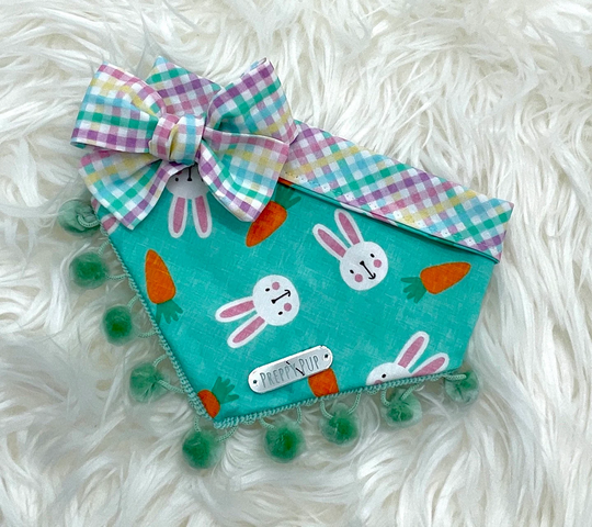 Easter Bunny Teal & Plaid Dog Bandana With Optional Pom Trim