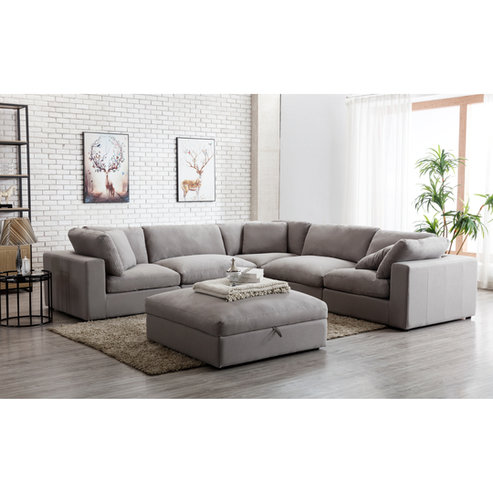 Roundhill Furniture Rivas Contemporary Feather Fill 6-Piece Modular L-Sectional Sofa with Ottoman