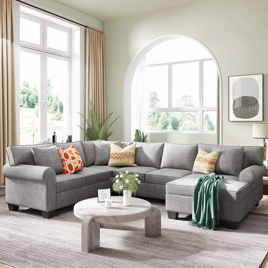 U-Shape Sofa Upholstered Rolled Arm Classic Sectional Sofa 3 pcs Chenille Sectional ,3 Pillows Include