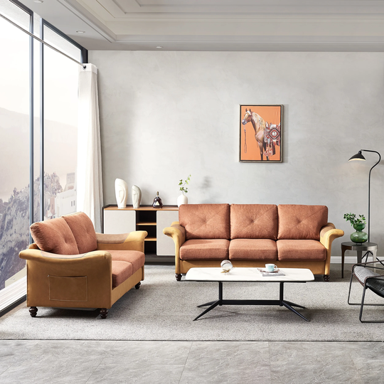 Modern Linen Fabric Faux Leather Loveseats + 3 Seater Sectional Sofa Set Folding Armrest Sofa with Wood Leg and Storage Boxes