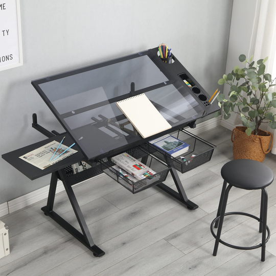 Modern Black Adjustable Tempered Glass Drafting Printing Table Desk