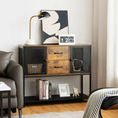 Industrial Kitchen Buffet Sideboard Storage Cabinet With Metal Mesh Doors