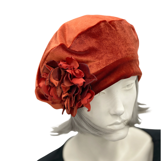 Velvet Beret With Hydrangea Brooch, Rust Terracotta Or Choose Your Color, Handmade Fall & Winter Hats, Chemo Headwear