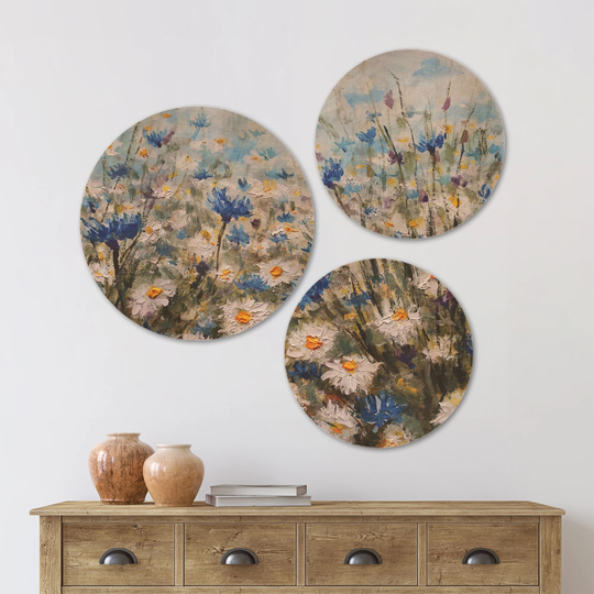 Designart 'Glade of Cornflowers and Daisies' Floral Wood Wall Art Set of 3 Circles - Multi-Color