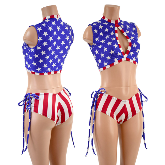 2Pc Blue & White Star Keyhole Crop With Red Stripe Trim // Lace Up Cheekies Ties in Blue/White 157668