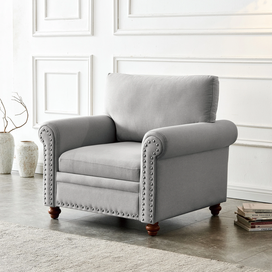 Modern Sofa Single Seat Chair Living Room Sofa, Polyester Padded Seat Rolled Arms Sofa with Wood Leg & Nailheads Decoration