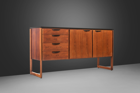 Mid Century Modern Polished Slate Sideboard/Credenza By Jens Risom in Walnut On A Sled Base, C. 1950S