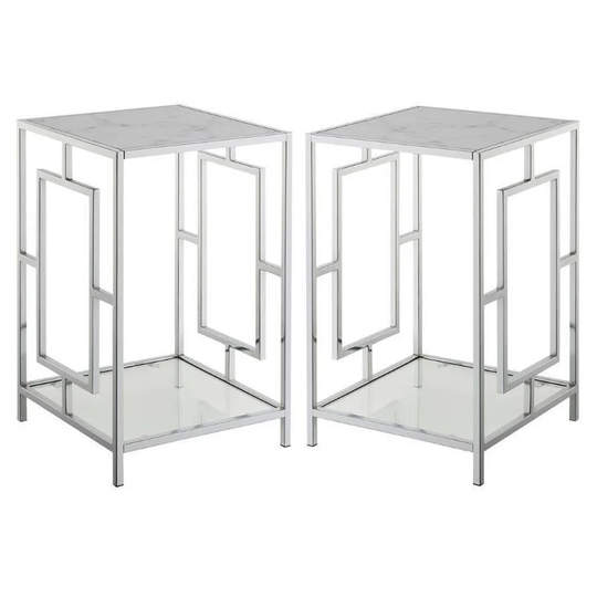End Table with White Faux Marble Top and Clear Glass - Set of 2 - 54 x 84