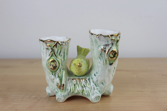 Vintage Green Double Planter/Pencil Holder With Yellow Bird
