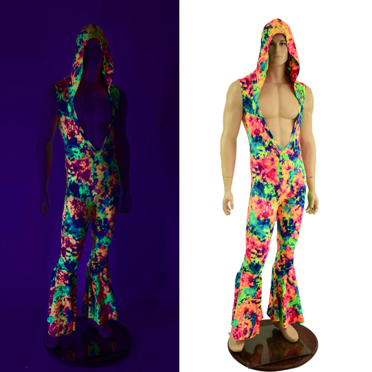 Acid Splash Uv Glow Mens Sleeveless Flava Rava Catsuit With Deep Bro V, Self Lined Hood, & Bell Bottom Flares 1579115