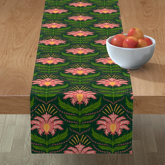 Folk Art Floral Table Runner - Abelia Dark Green By Scarlet Soleil Salmon Pink Large Scale Cotton Sateen Spoonflower
