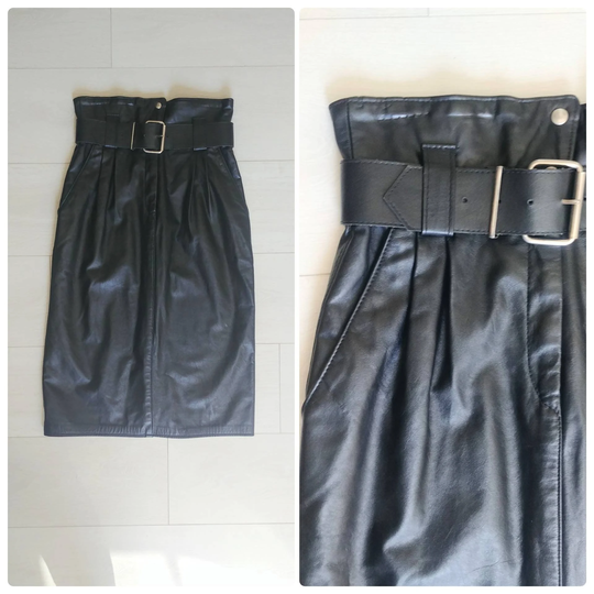 Small Vintage Black Leather Skirt High Waisted Paper Bag Waist Belt Pencil Style