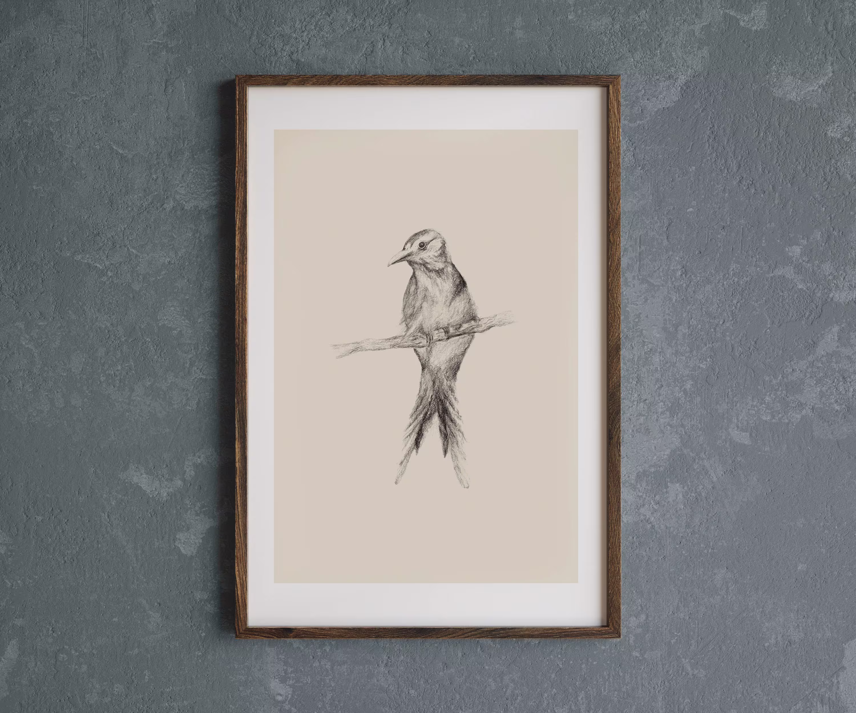 Sketch Of Bird Art Print, Minimalist Drawing On Branch, Pencil Sketch, Beige Gray White Illustration, Printed & Shipped, Giclee Print