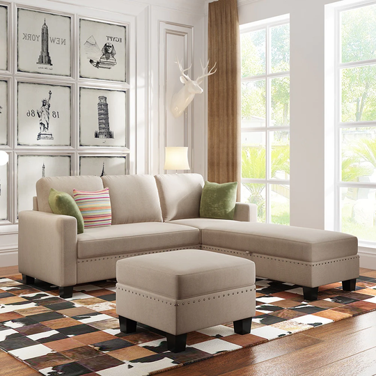 Textured Fabric 3 pieces Sofa Set, L Sectional Sofa with Ottoman