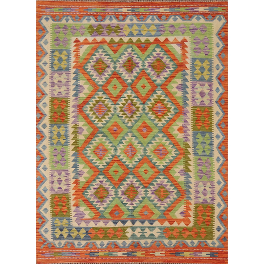 Brown Colorful Kilim Oriental Area Rug Flat-weave Wool Carpet - 4'11"x 6'3"