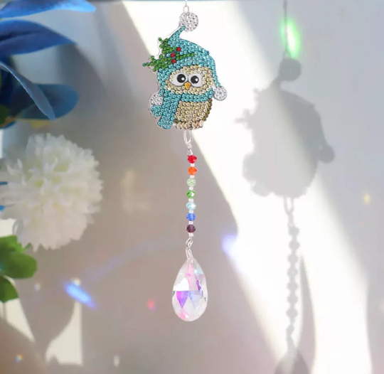 Us Seller. Winter Owl Sun Catcher, Diamond Painting, Charms, Ornament All Supplies & Tools Included in Kit. Fast S&h