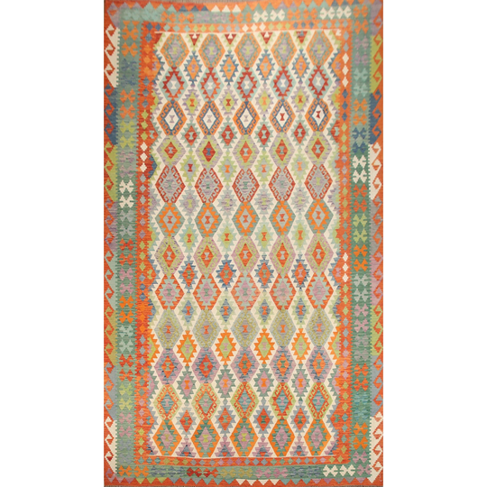 Large Multi-Color Kilim Geometric Rug Flat-Weave Wool Carpet - 10'1"x 15'9"