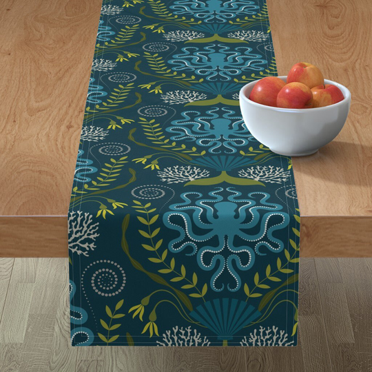 Victorian Nautical Table Runner - Navy Damask By Katerhees Kraken Octopus Ocean Cotton Sateen Spoonflower
