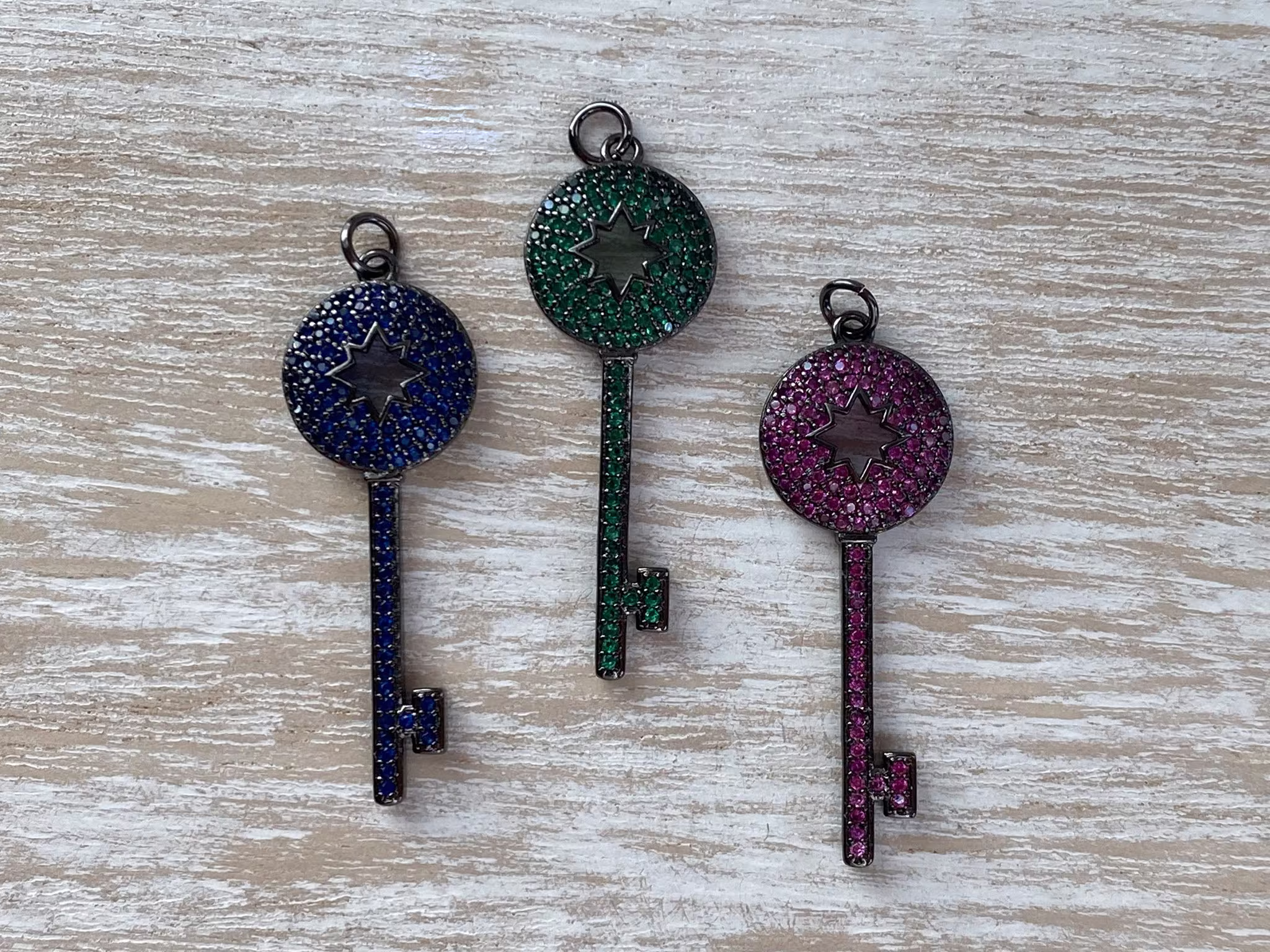 1 Cz Colorful Key Charm, Pave Bracelet Charms, Necklace Pendant, 40mmx14.5mm