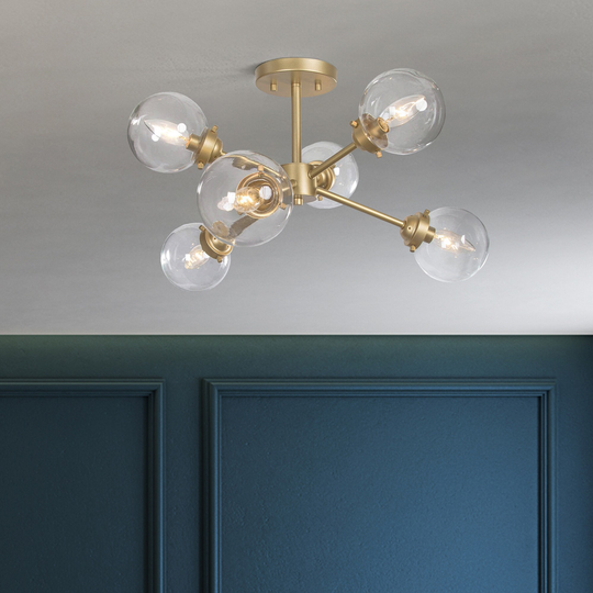Bela Modern Gold 6-Light 25" Sputnik Semi-flush Mount Clear Glass Ceiling Light - D25"x H13"