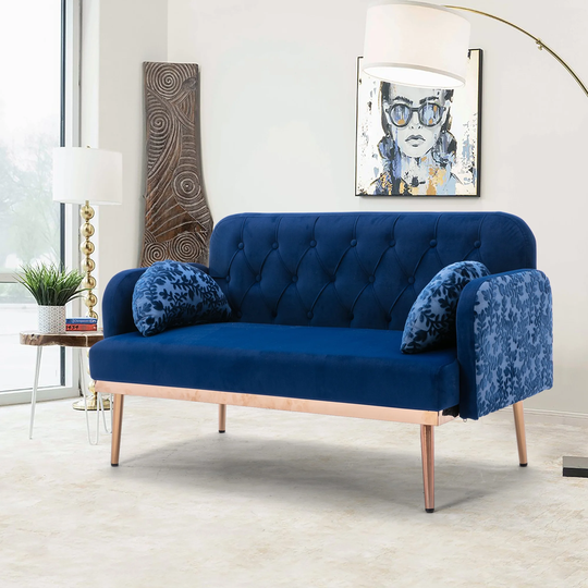 Modern Loveseat Tufted Cushions Bedroom Furniture Velvet Upholstered Accent Chair Plaid Sofa with Rose Golden Metal Support