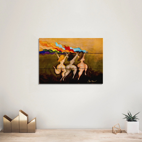 Many Colors Women Running Naked Wood Art Print