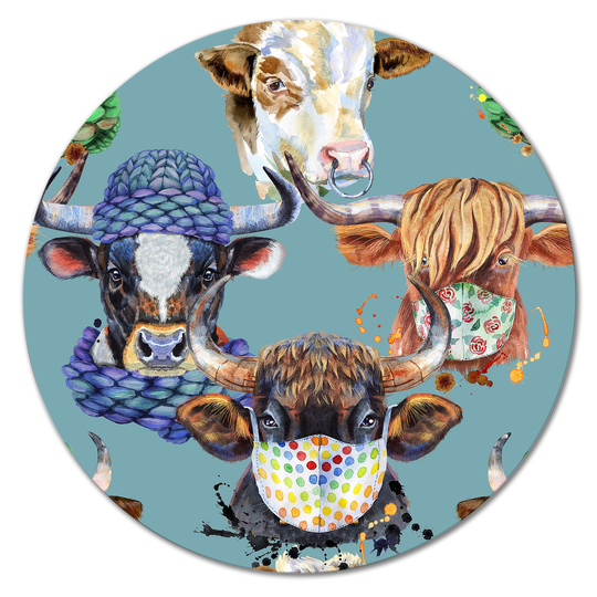 Designart 'Colorful Bulls On Blue' Patterned Metal Circle Wall Art