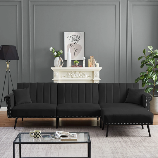 EYIW Velvet Upholstered Sectional Sleeper Sofa with Adjustable Backrest and Ottoman, 110.2"L x 32.3"W x 32.3"H