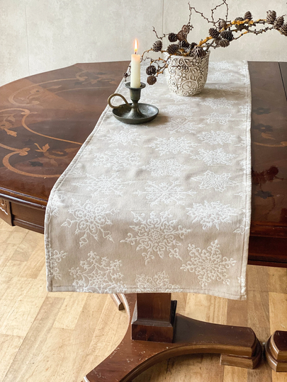 White & Tan Christmas Table Runner, Snowflake Table Runner, Decor, House Runner