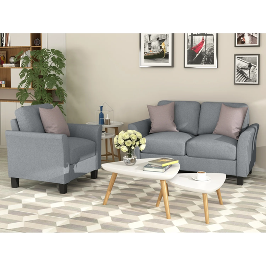 Traditional Linen Fabric Sofa Set, Armrest Single Sofa & Loveseat Sofa with Sturdy Hardwood Frame for Living Room