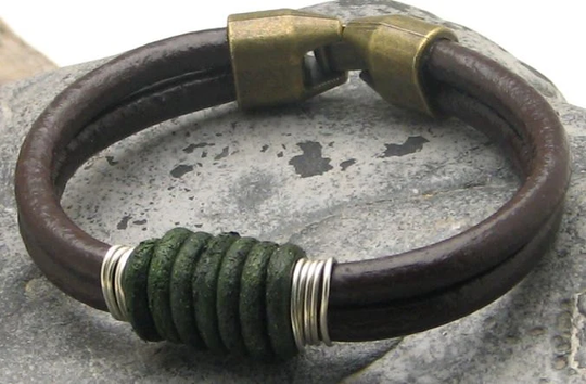 Men's Leather Bracelet Men Bracelet Brown With Silver Plated Wire & Antique Brass Clasp Gift For Dad